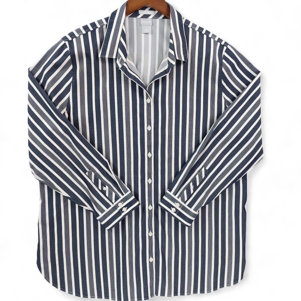 Chicos Shirt Womens 4 U.S. Size 20 Blue White Stripe No Iron Stretch Button Up